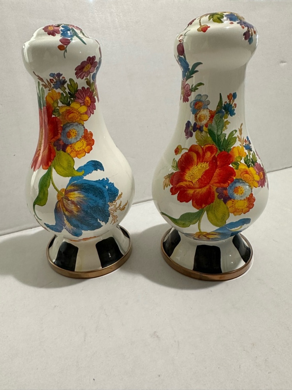 MacKenzie-Childs White Flower Market Enamel Large Salt & Pepper Shaker Set